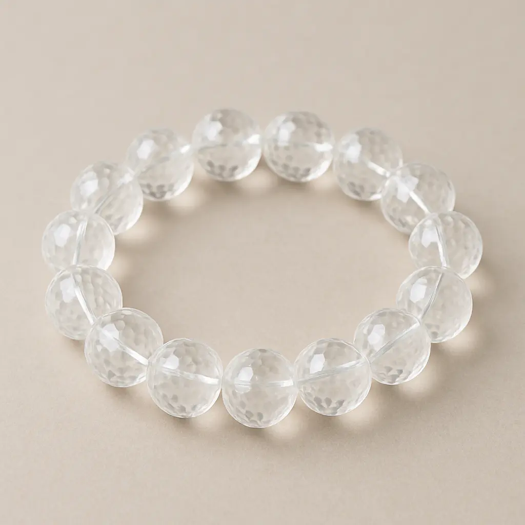 Clear quartz beaded bracelet displayed on a neutral surface for daily spiritual jewelry wear