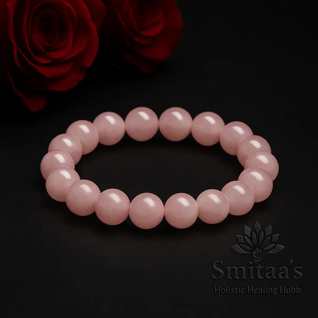 Pink rose quartz beaded bracelet displayed on a neutral background for everyday wear.