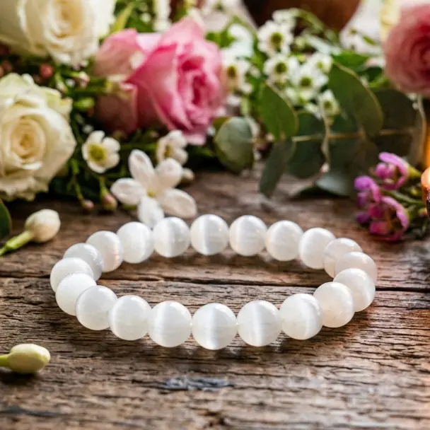 Self Energies PowerHouse selenite crystal bracelet resting on a neutral display surface