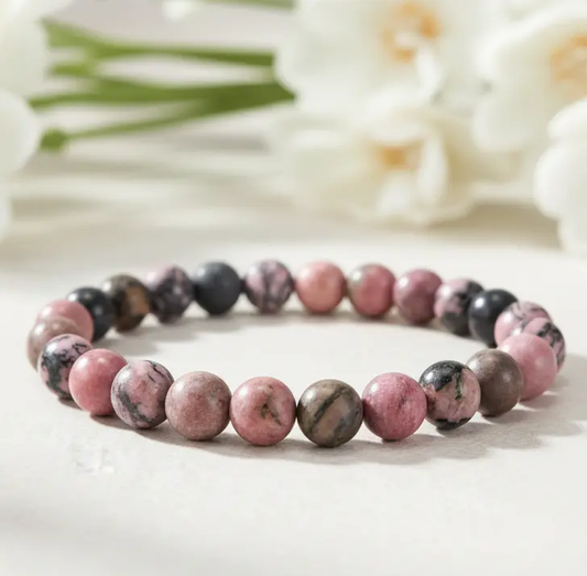 Matrix rhodonite beaded bracelet displayed on a neutral background for clear product viewing.