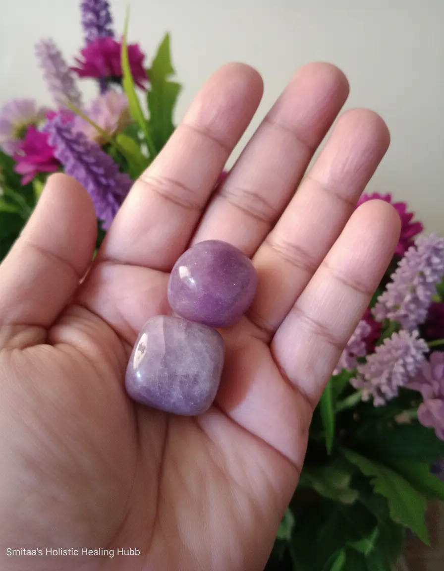 Polished purple lepidolite tumbled stone displayed on a neutral background for meditation and crystal collections
