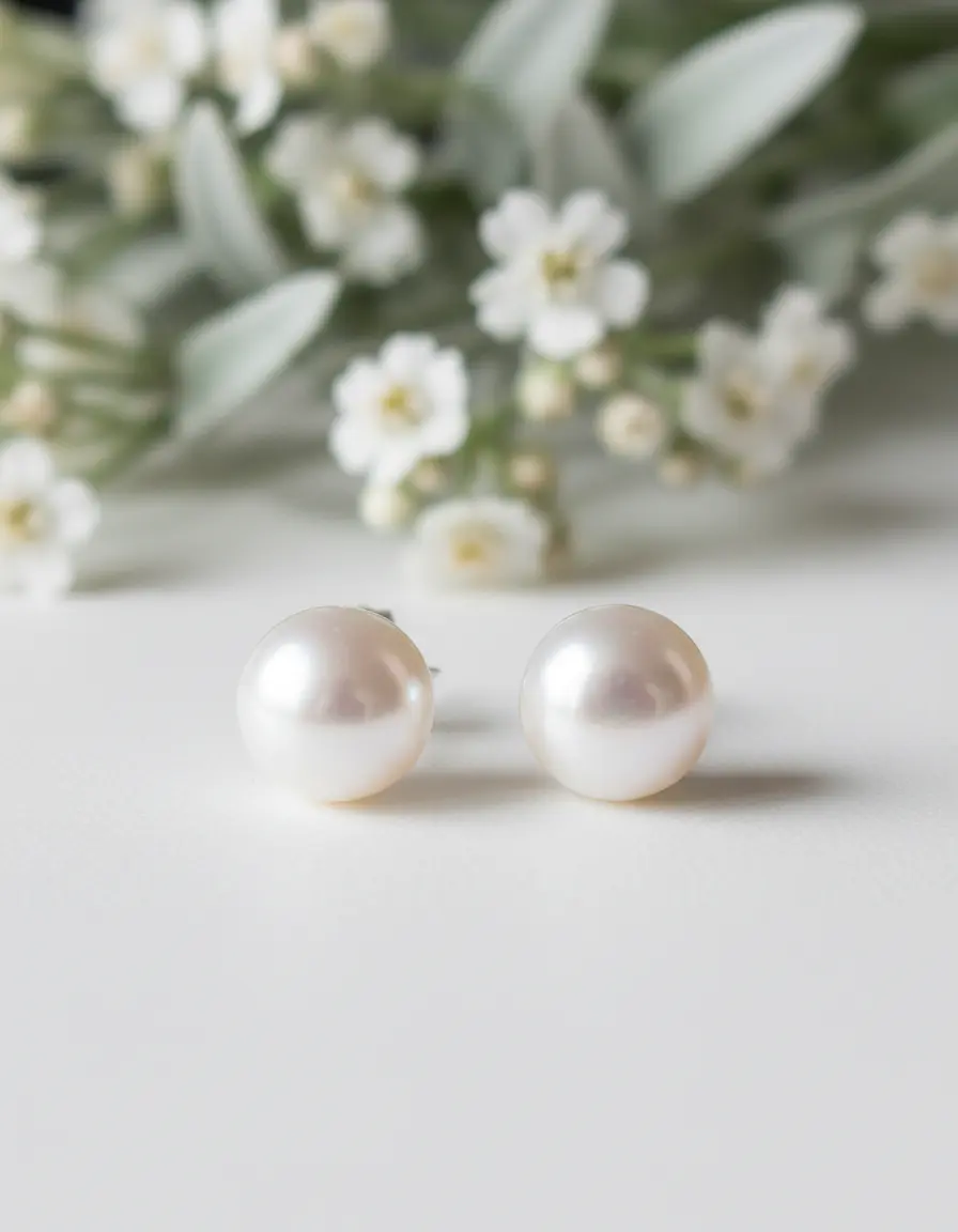 Close up view of real pearl stud earrings on a neutral background for everyday wear.