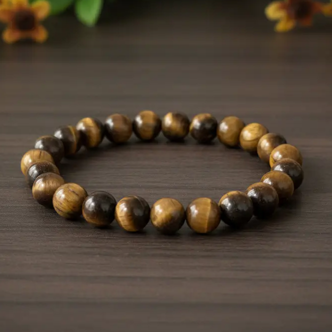 Natural tiger eye stone displayed against a plain background for courage and spiritual protection