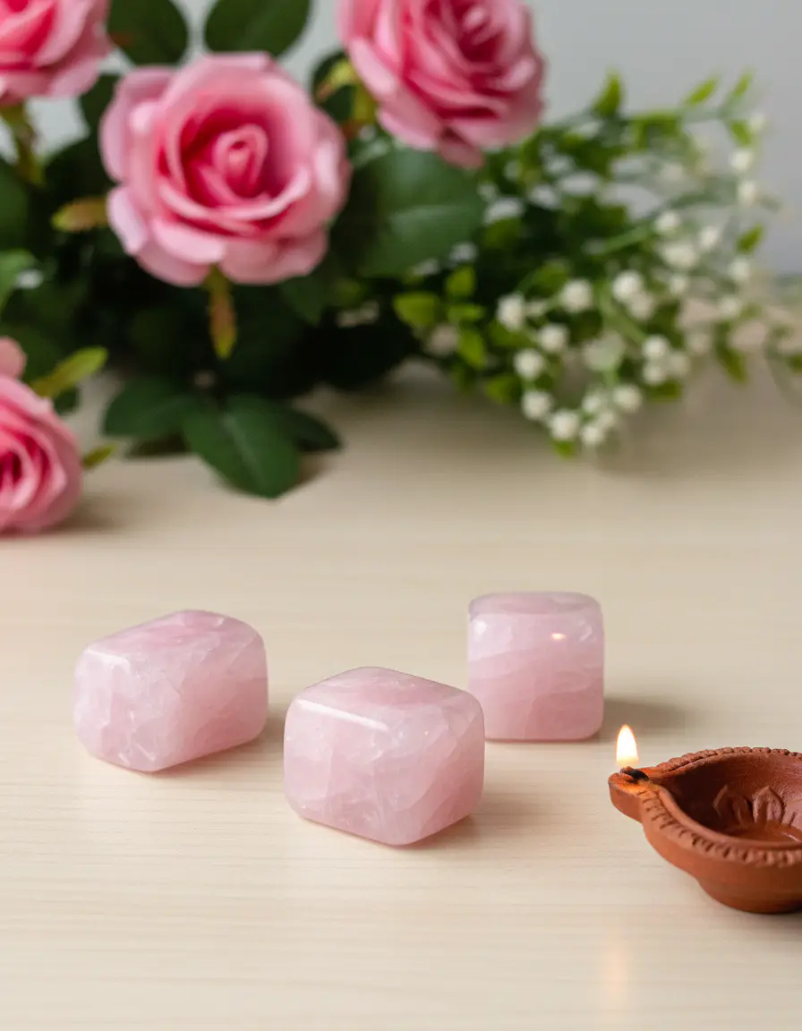 Polished rose quartz tumble stone displayed on a plain surface for meditation and crystal collection.