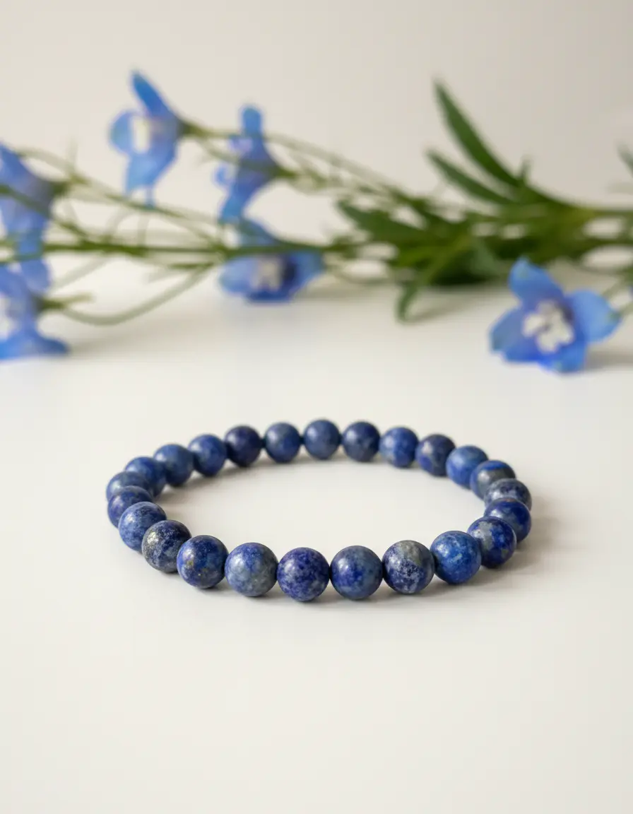 Lapis lazuli beaded bracelet for third eye chakra meditation and spiritual practice