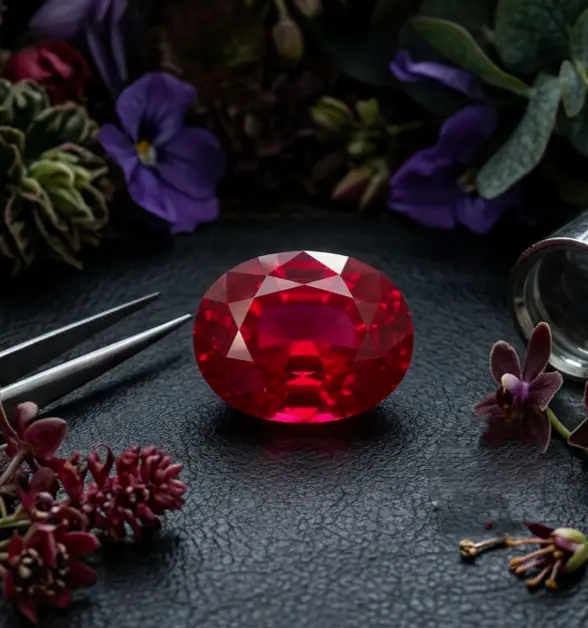 Natural ruby gemstone close up showing deep red color and polished facets on neutral background