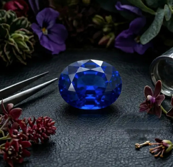 Natural blue sapphire gemstone resting on neutral background with visible facets and deep blue hue