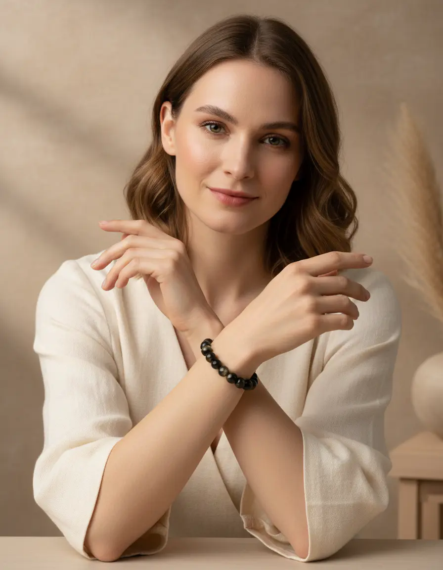 Golden obsidian bracelet featuring polished beads on an elastic cord for daily wear.