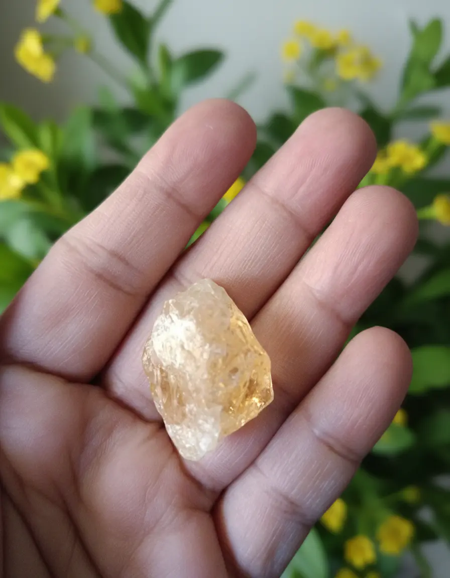 Natural citrine raw tumble crystal showing translucent golden yellow color and smooth unpolished edges.