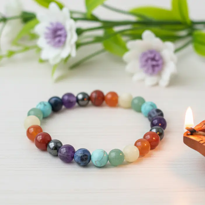 Seven chakra bracelet with multicolored stone beads for meditation and energy balancing