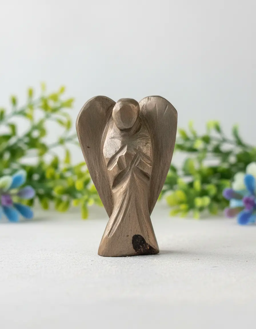 Two inch pyrite angel crystal figurine displayed on a neutral background for decoration