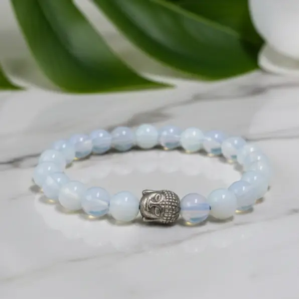 Opalite beaded bracelet displayed flat to highlight smooth stones for daily wear and meditation.