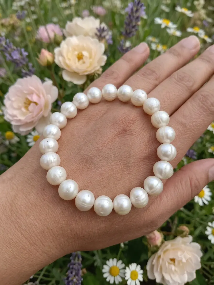 9mm freshwater pearl bracelet arranged on a neutral background showing bead size and clasp detail