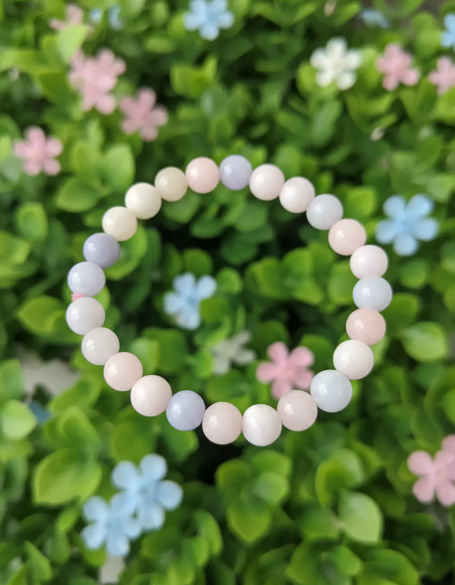 Morganite bracelet with soft pink gemstones arranged along a thin metal chain on a neutral backdrop.
