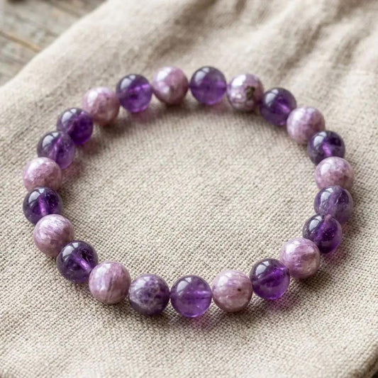 Healing crystal beaded bracelet shown on a plain background to support mental calmness and anti addiction.