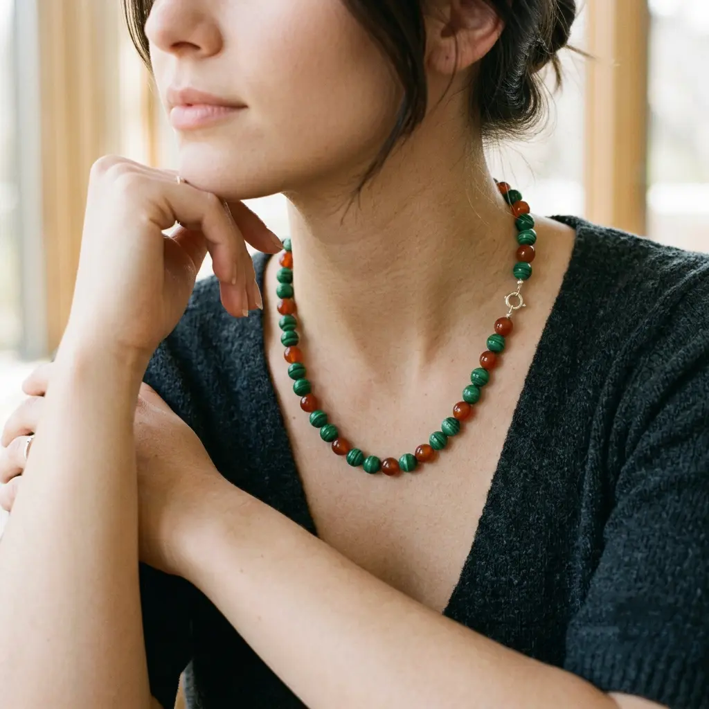 Carnelian malachite gemstone necklace featuring polished orange and green stone beads