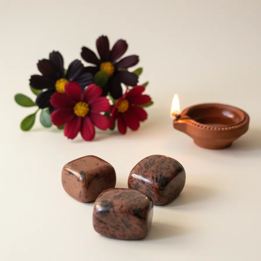 Smooth mahogany obsidian tumbled stone resting on a neutral background for meditation and crystal display.