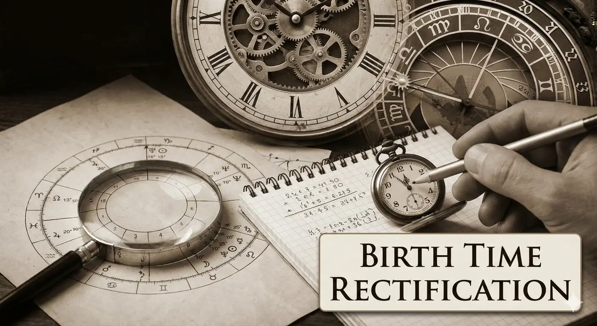 Astrological birth chart graphic with clock for birth time rectification consultation booking