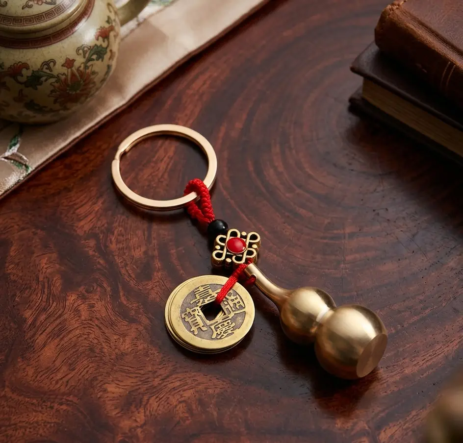 Feng Shui Wu Lou wish keychain showing a gourd pendant on a metal split ring.