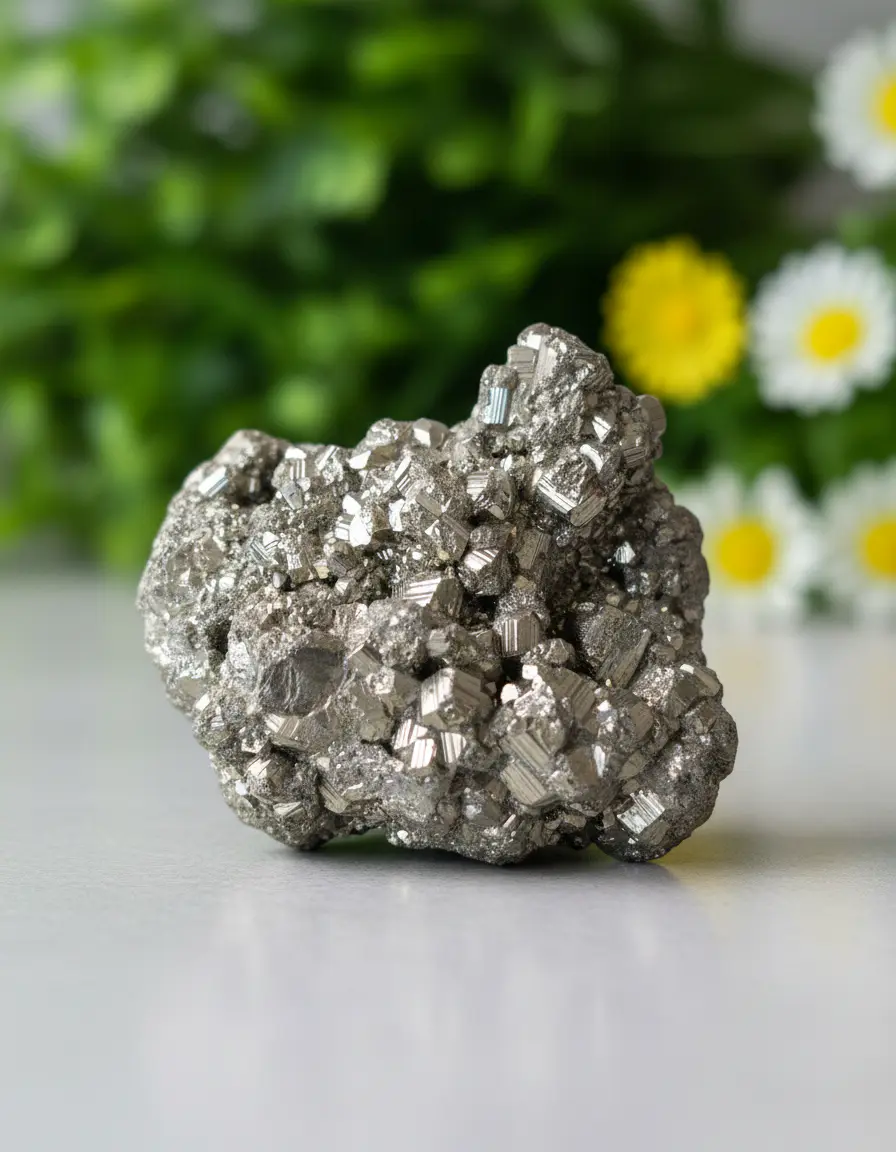 Peruvian pyrite crystal cluster with metallic gold cubic formations for abundance meditation display