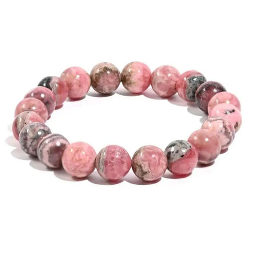 AAA rhodochrosite beaded bracelet featuring polished pink banded stones arranged for wrist wear.
