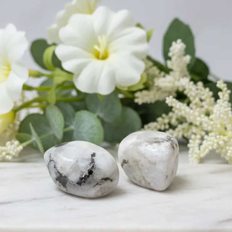 Polished rainbow moonstone tumbled stone resting on a natural surface for meditation and crystal healing.
