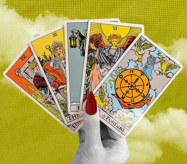 Tarot cards arranged on a table for a single question reading session