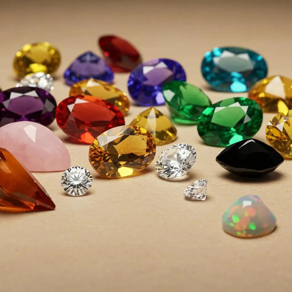 Polished natural gemstones in various colors and cuts for jewelry making.