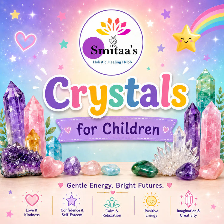 Assorted child-safe crystals displayed on a soft surface for a children's collection page