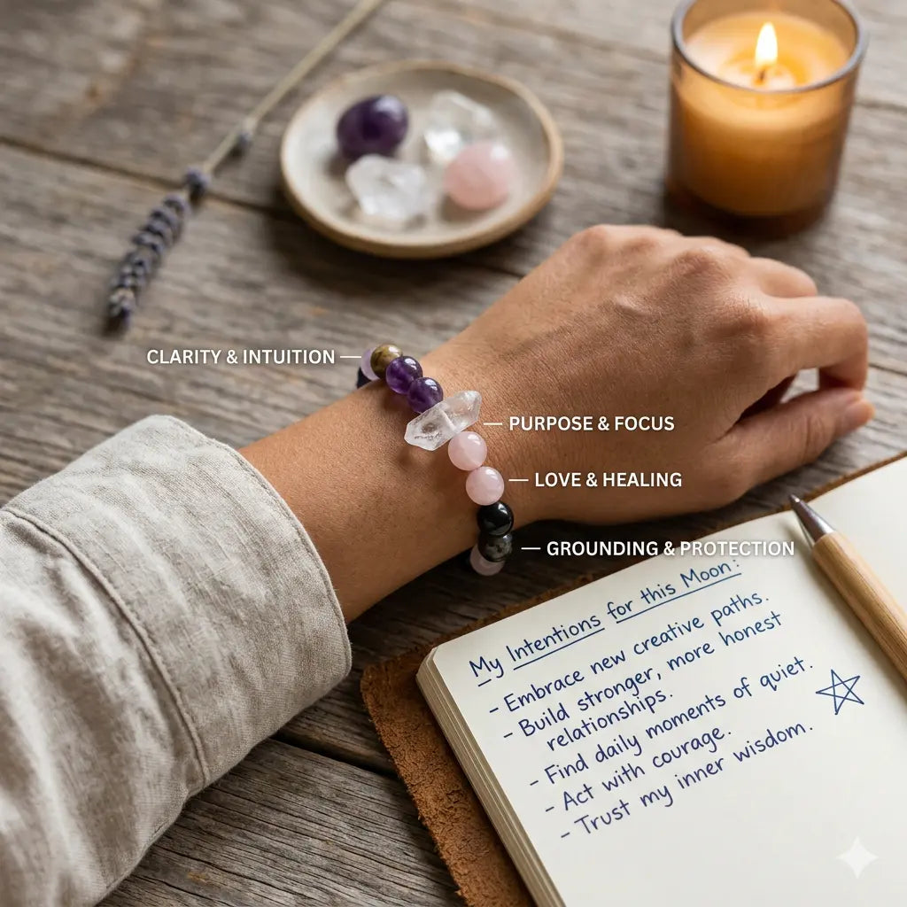 Mixed crystal combination bracelets for purpose displayed together on a neutral background