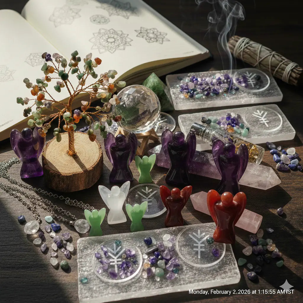 Assorted crystal products and feng shui products displayed on a wooden surface for spiritual practice.