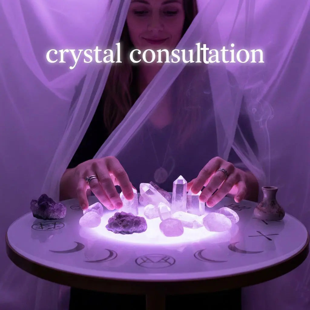 Assorted natural crystals arranged on a wooden surface for a personal crystal consultation.