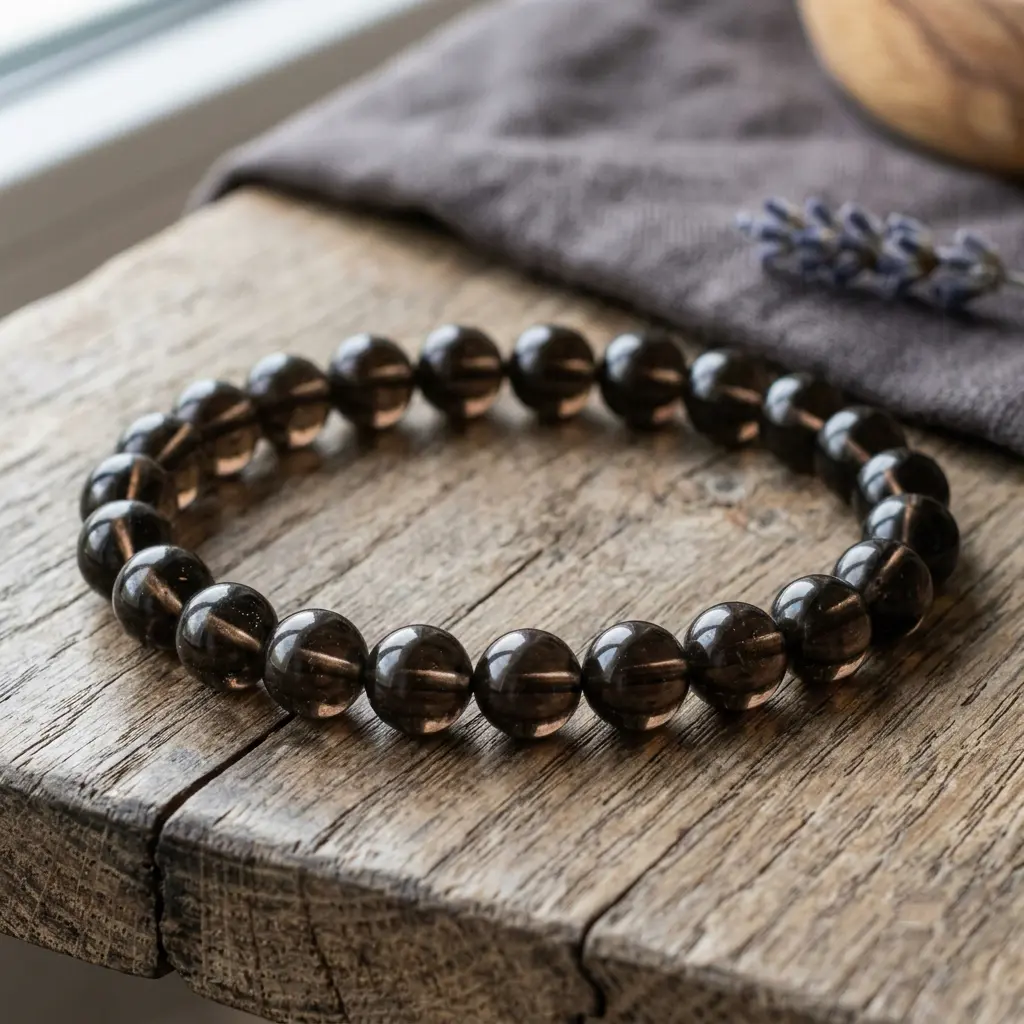 Smoky quartz beaded bracelet displayed on a neutral background for everyday wrist wear