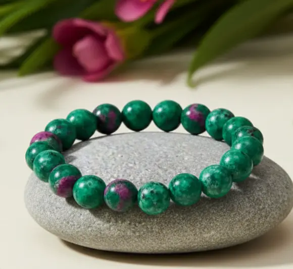 Ruby zoisite beaded bracelet displayed for fertility support and natural wellness routines