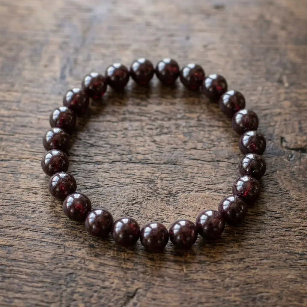 AAA red garnet crystal beads strung on an elastic cord forming a stretch bracelet