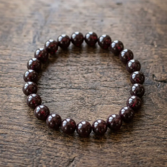 AAA red garnet crystal beads strung on an elastic cord forming a stretch bracelet