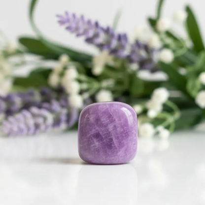 Polished lepidolite tumble stones displayed on a neutral background for meditation and crystal collection.